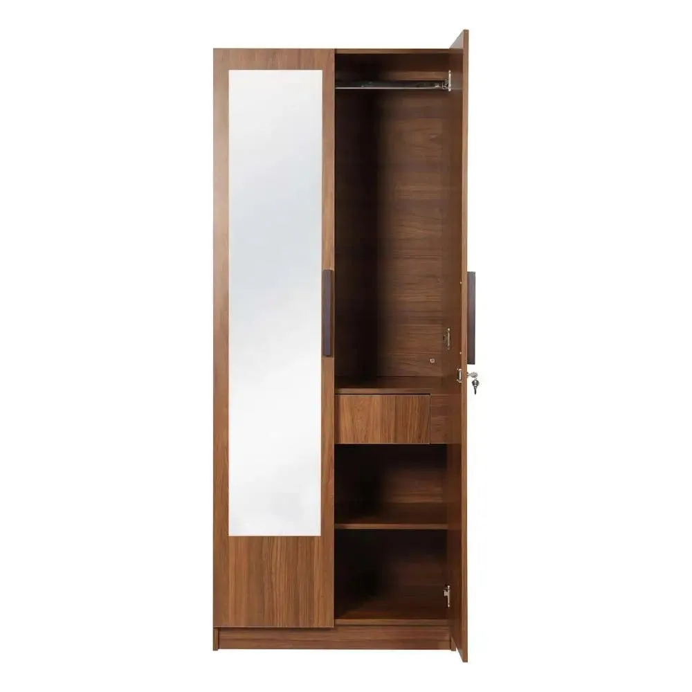 Bali Teak Engineered Wood 2 Door Wardrobe With Drawers & Mirror