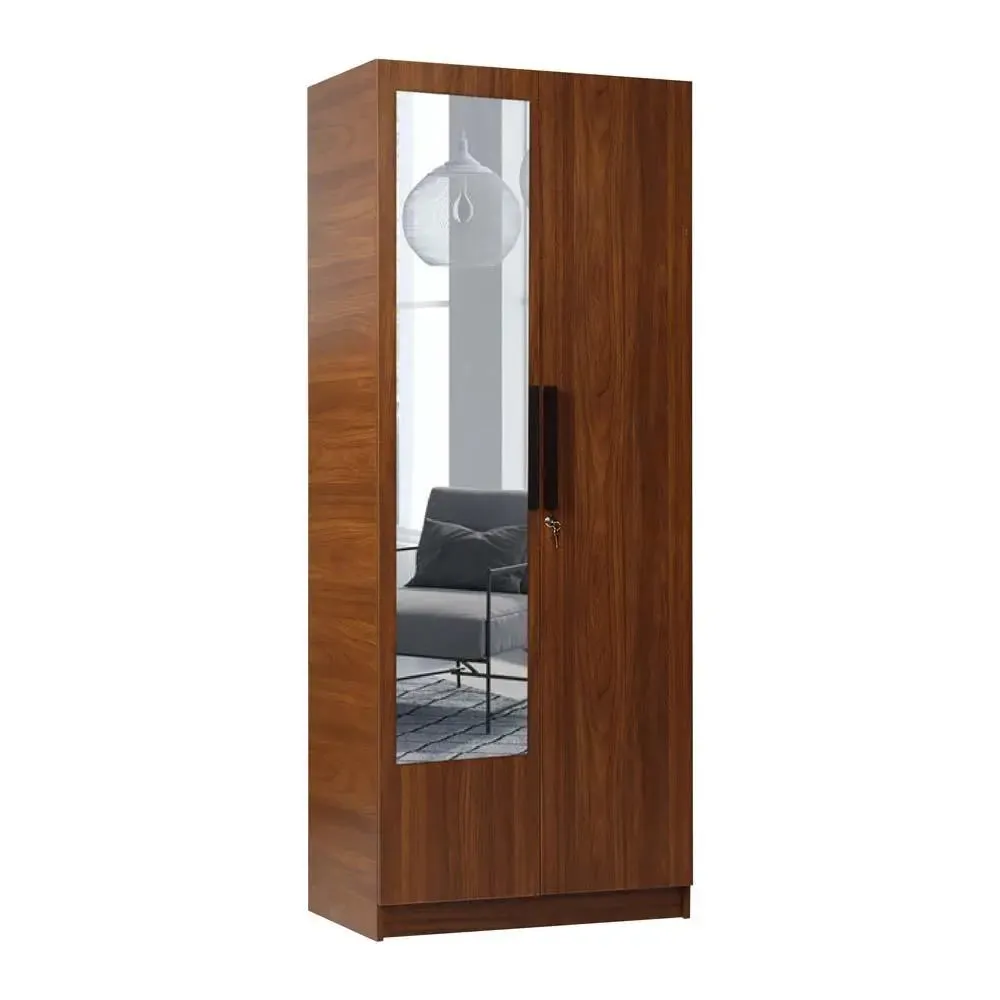 Bali Teak Engineered Wood 2 Door Wardrobe With Drawers & Mirror