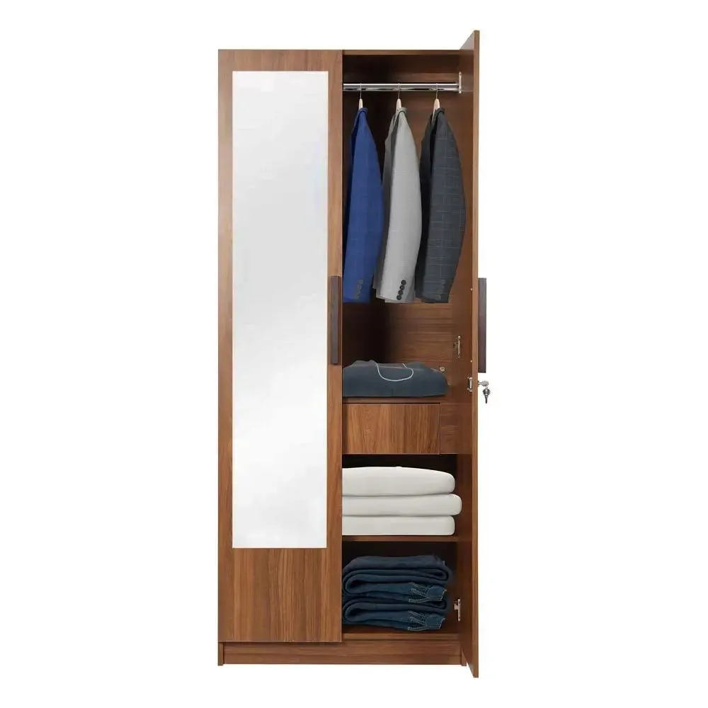Bali Teak Engineered Wood 2 Door Wardrobe With Drawers & Mirror