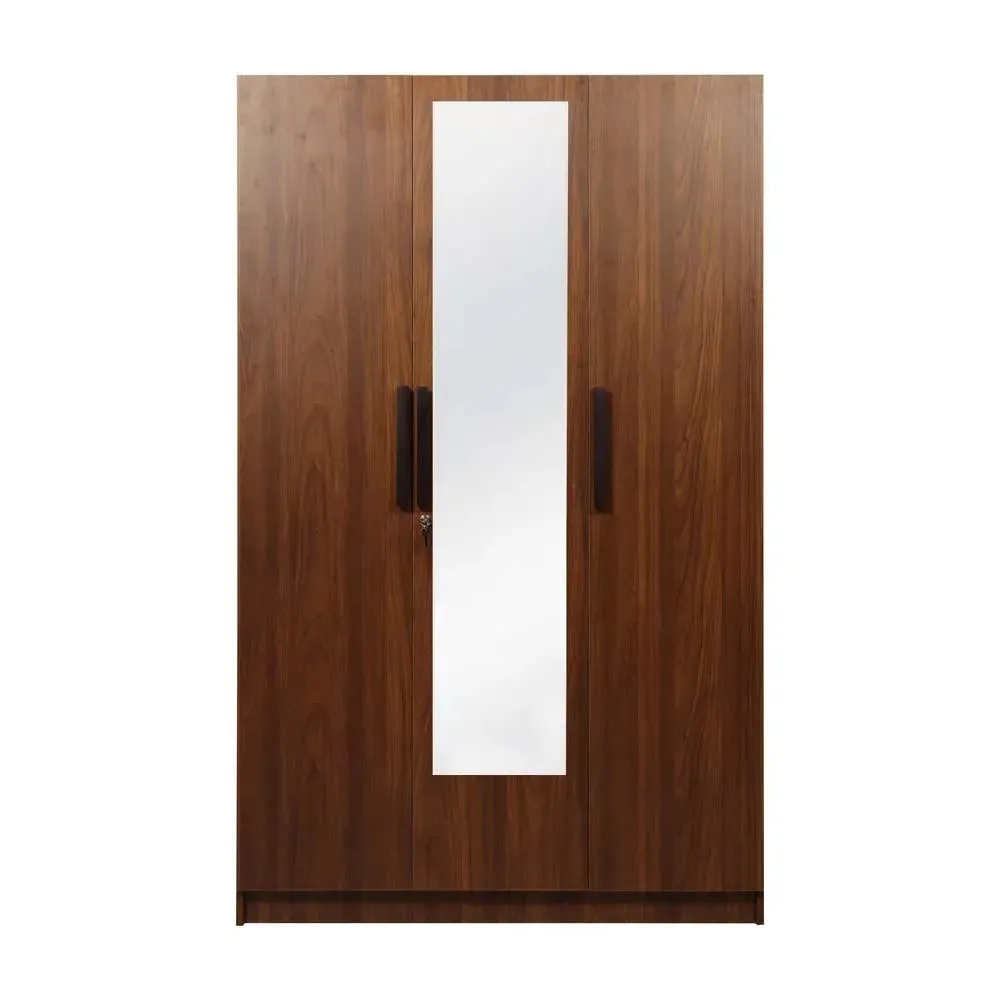 Bali Teak Engineered Wood 3 Door Wardrobe With Drawers & Mirror