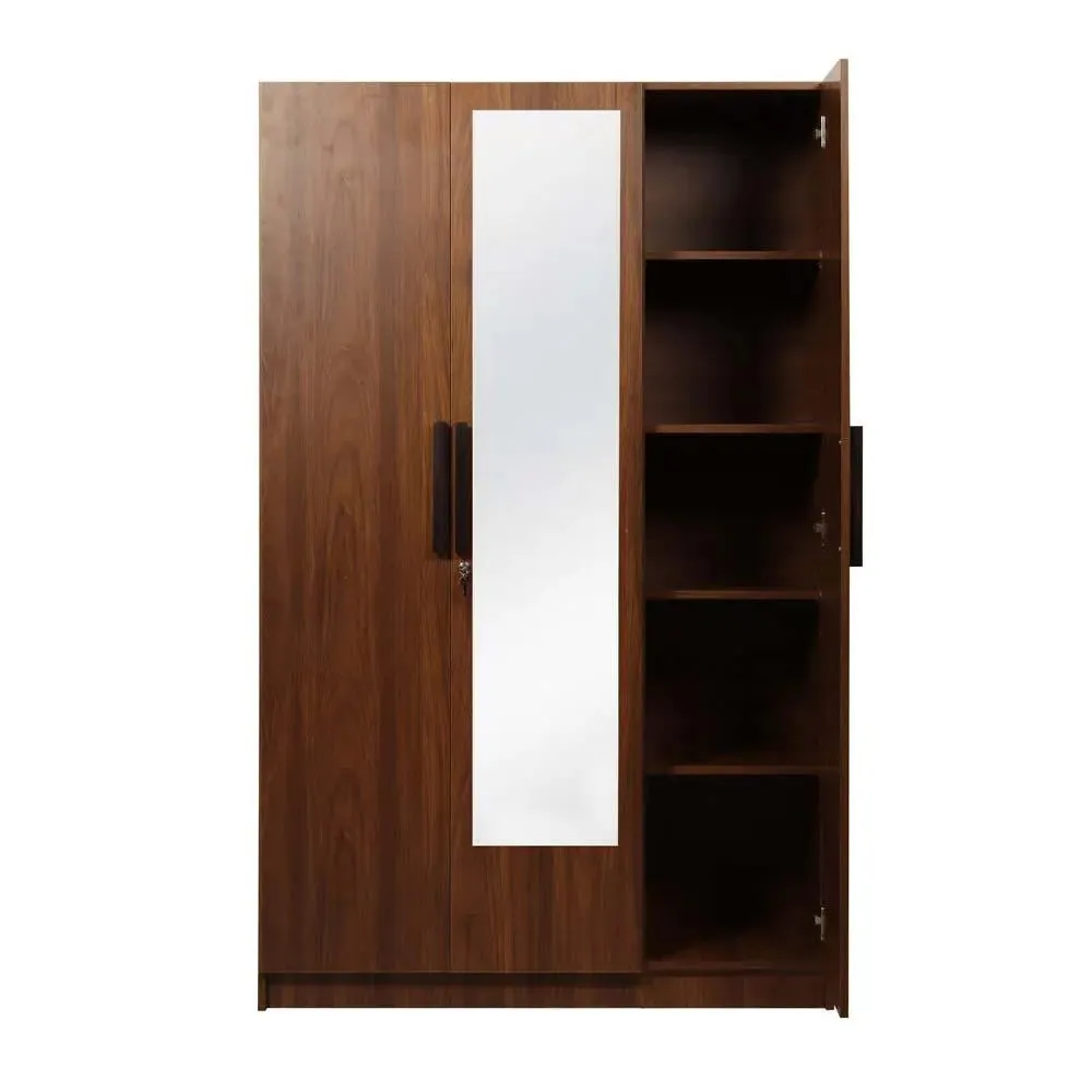 Bali Teak Engineered Wood 3 Door Wardrobe With Drawers & Mirror