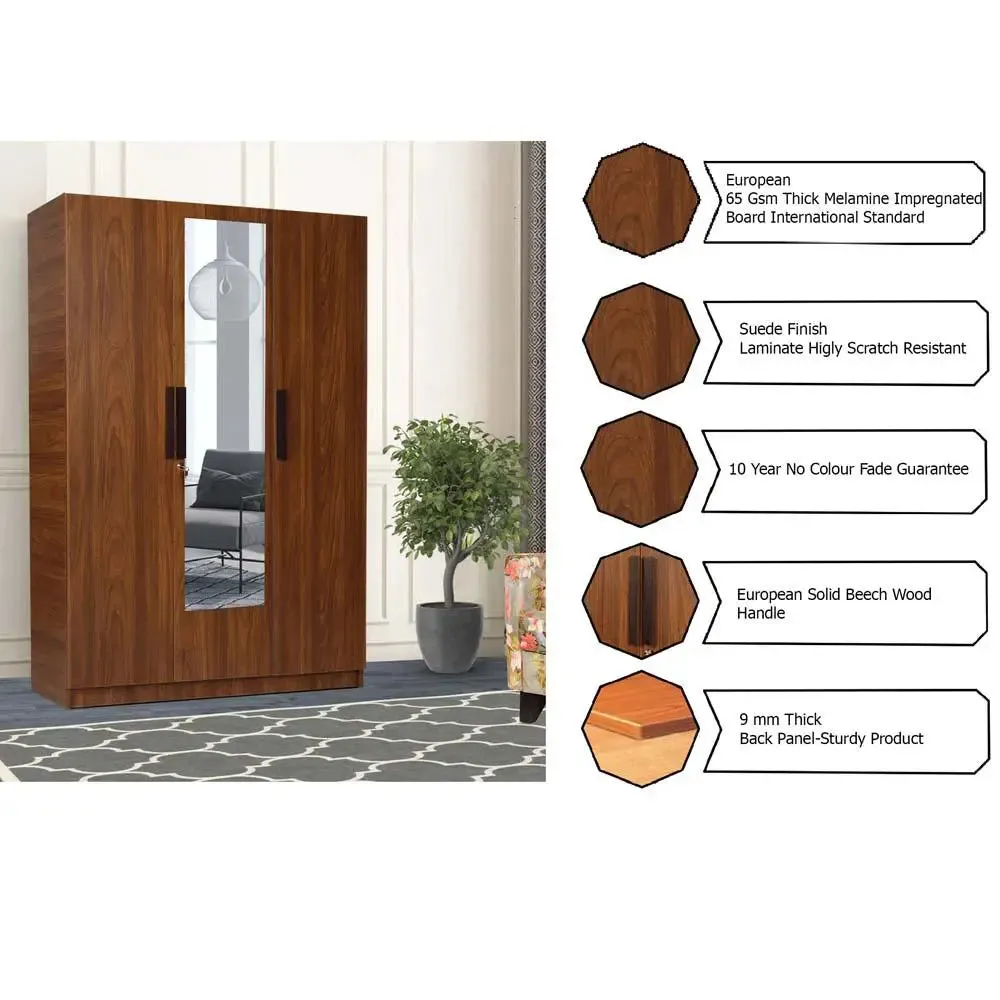 Bali Teak Engineered Wood 3 Door Wardrobe With Drawers & Mirror