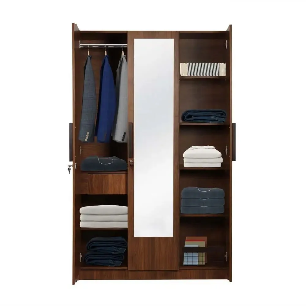 Bali Teak Engineered Wood 3 Door Wardrobe With Drawers & Mirror