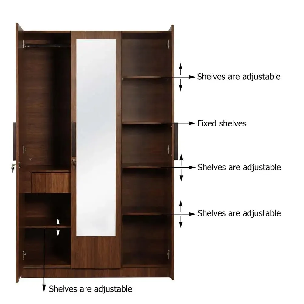 Bali Teak Engineered Wood 3 Door Wardrobe With Drawers & Mirror