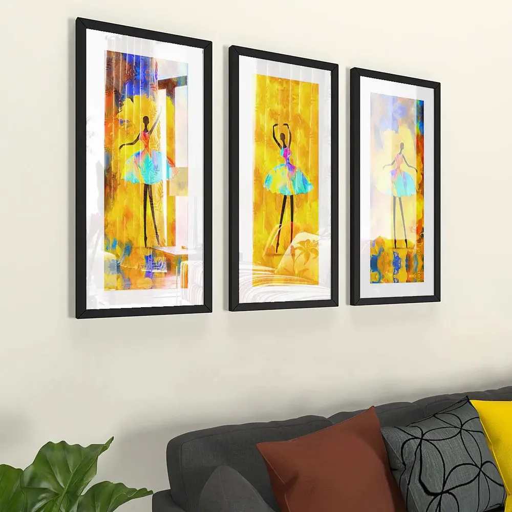 Ballerina Dancing Girl Framed Wall Paintings Set of 3 with Break Resistant Clear Acrylic Glass