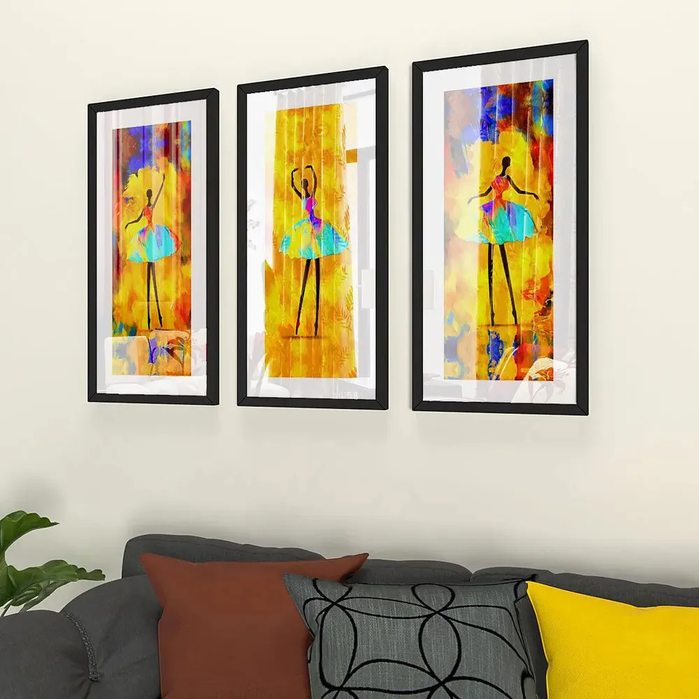 Ballerina Dancing Girl Framed Wall Paintings Set of 3 with Break Resistant Clear Acrylic Glass