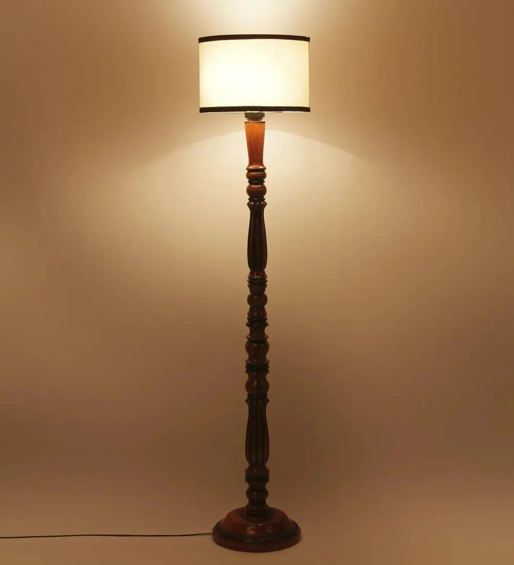 Baluster Designer Wooden Carving Floor Lamp With Drum Shade Red