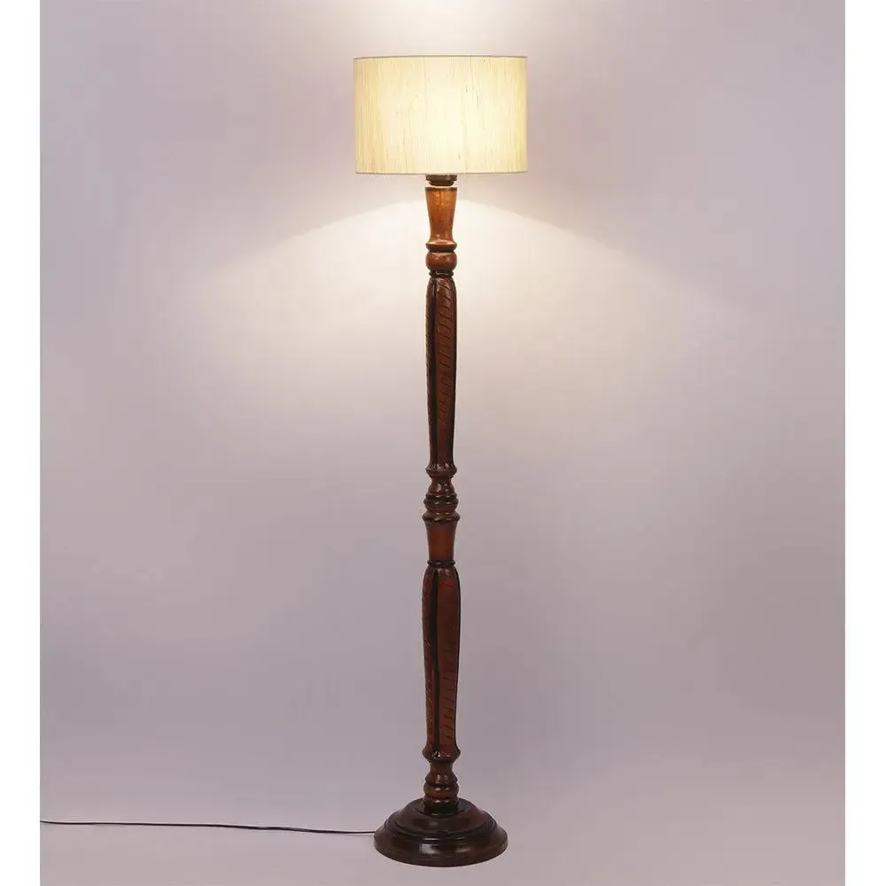 Baluster Designer Wooden Carving Floor Lamp With Drum Shade Red