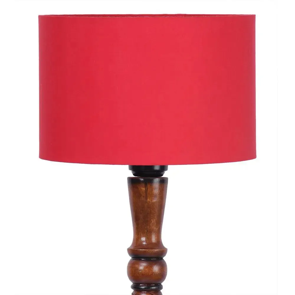 Baluster Designer Wooden Carving Floor Lamp With Drum Shade Red