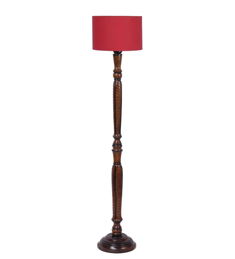 Baluster Designer Wooden Carving Floor Lamp With Drum Shade Red