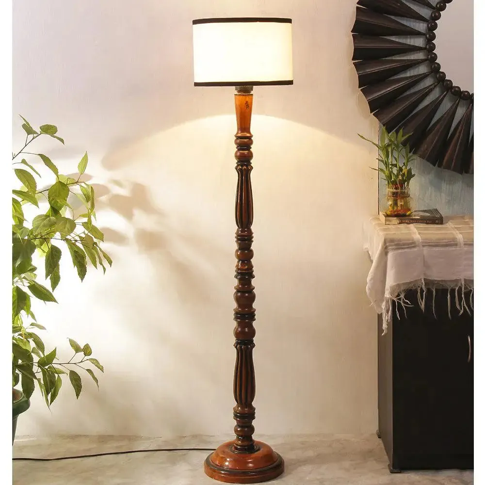 Baluster Designer Wooden Carving Floor Lamp With Drum Shade Red