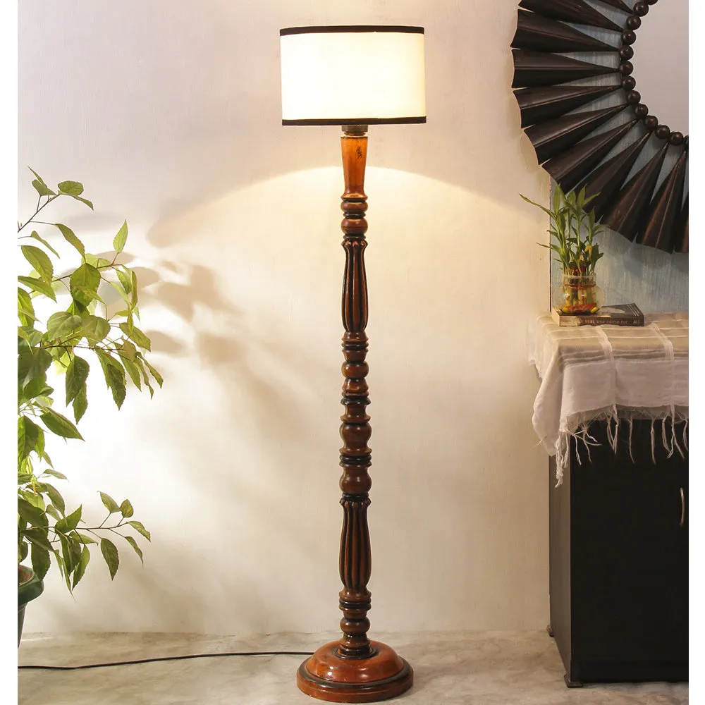 Baluster Designer Wooden Carving Floor Lamp With Drum Shade Red