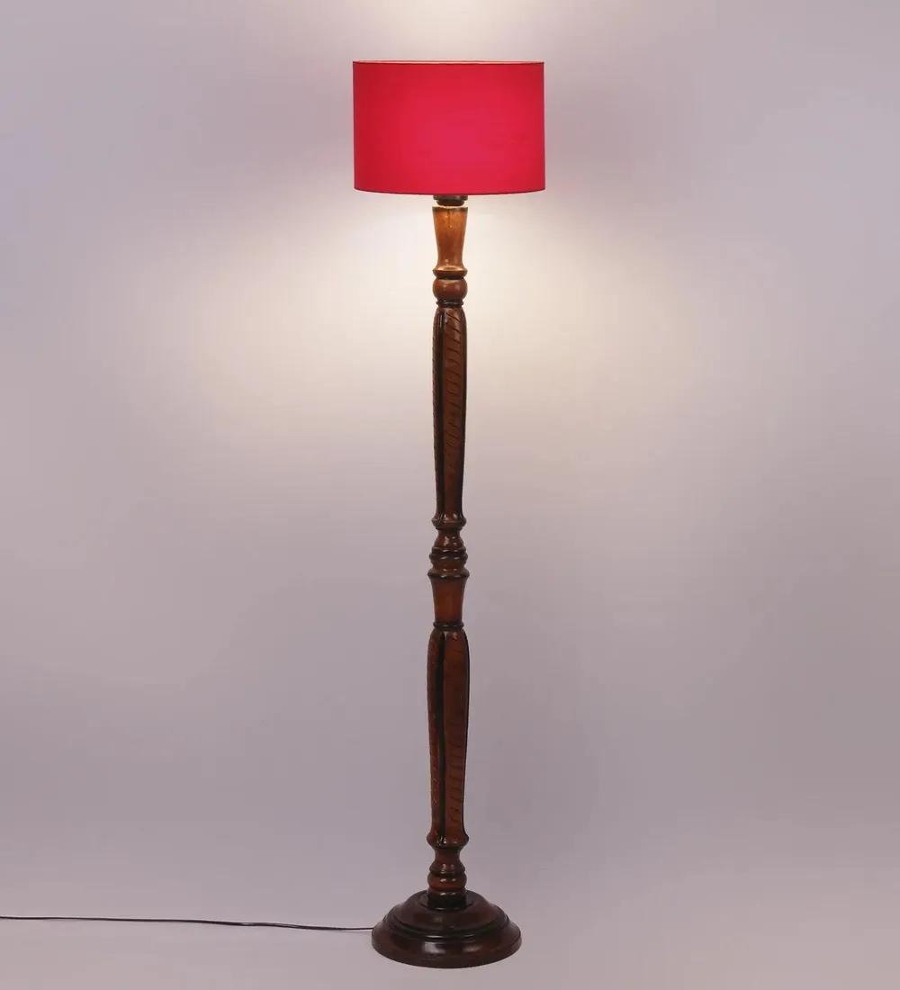 Baluster Designer Wooden Carving Floor Lamp With Drum Shade Red