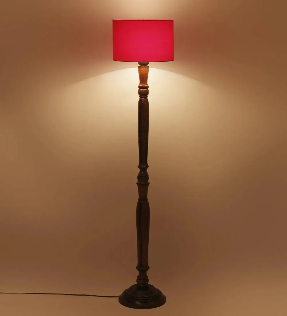 Baluster Designer Wooden Carving Floor Lamp With Drum Shade Red
