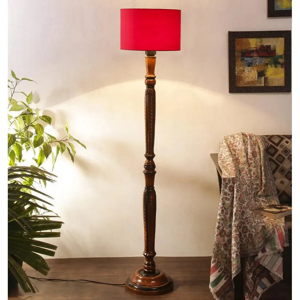 Baluster Designer Wooden Carving Floor Lamp With Drum Shade Red