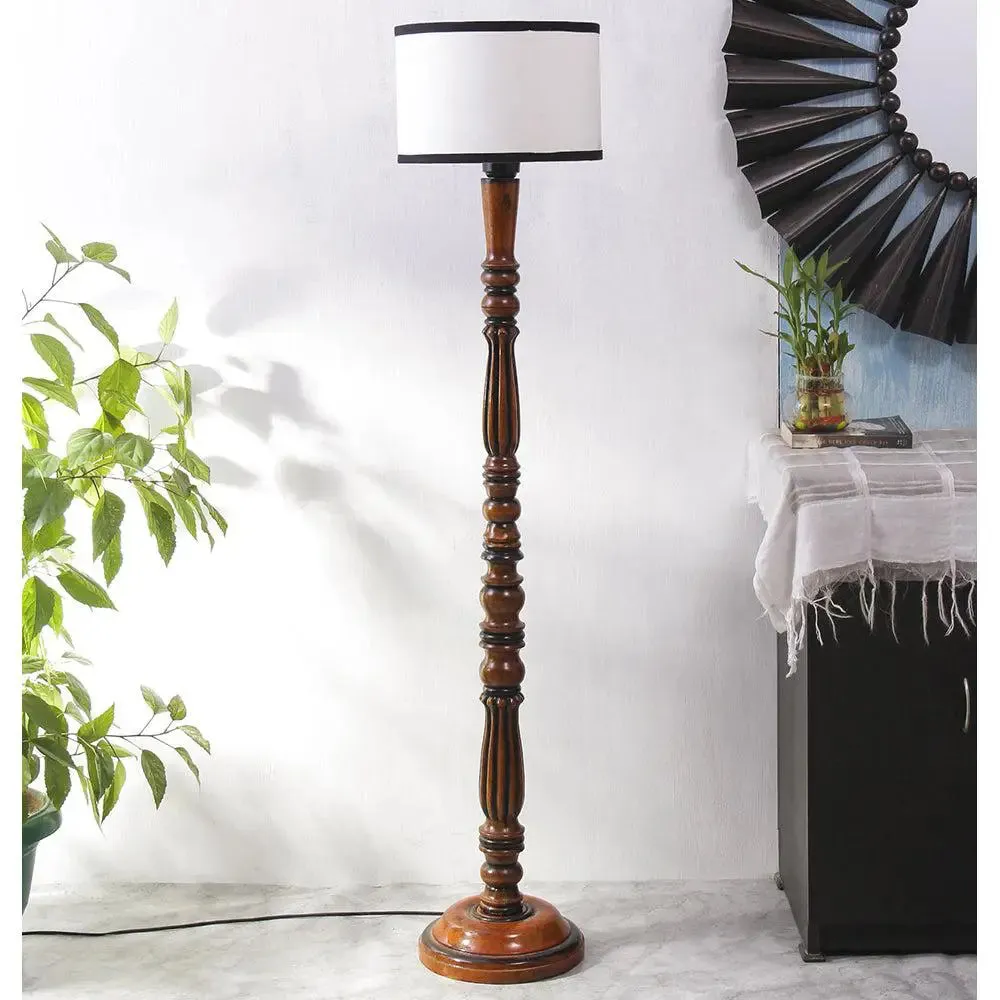 Baluster Designer Wooden Carving Floor Lamp With Drum Shade Red