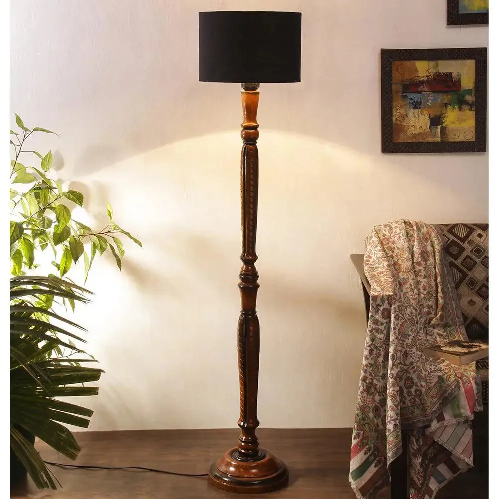 Baluster Designer Wooden Carving Floor Lamp With Drum Shade Red