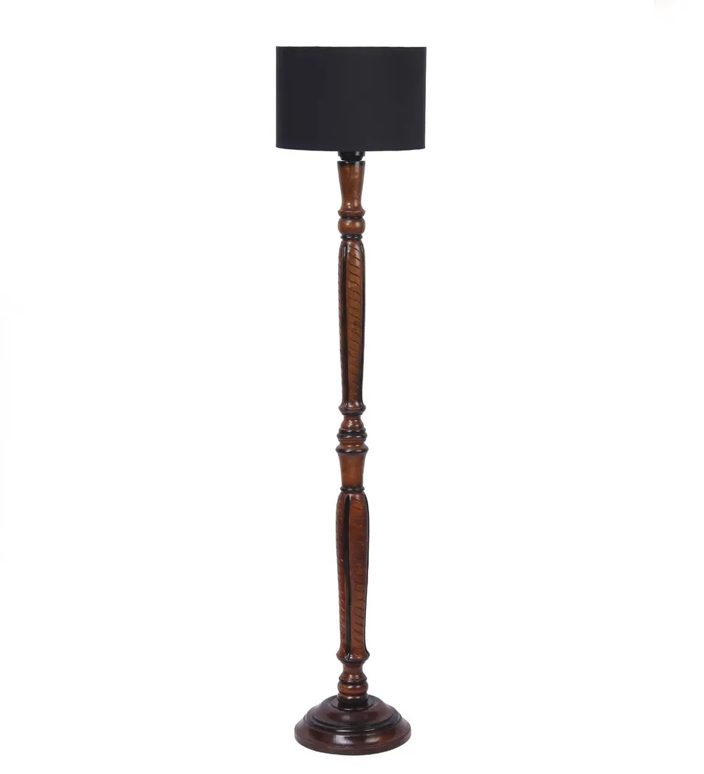 Baluster Designer Wooden Carving Floor Lamp With Drum Shade Red