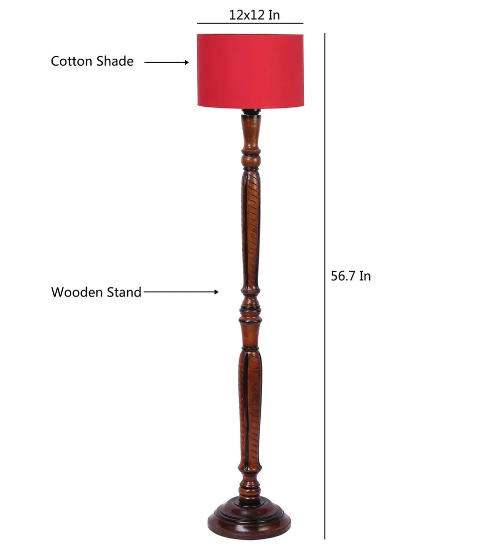Baluster Designer Wooden Carving Floor Lamp With Drum Shade Red