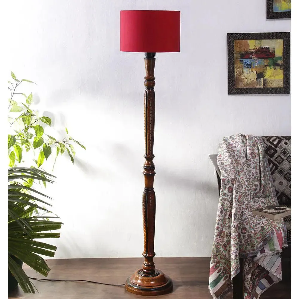 Baluster Designer Wooden Carving Floor Lamp With Drum Shade Red