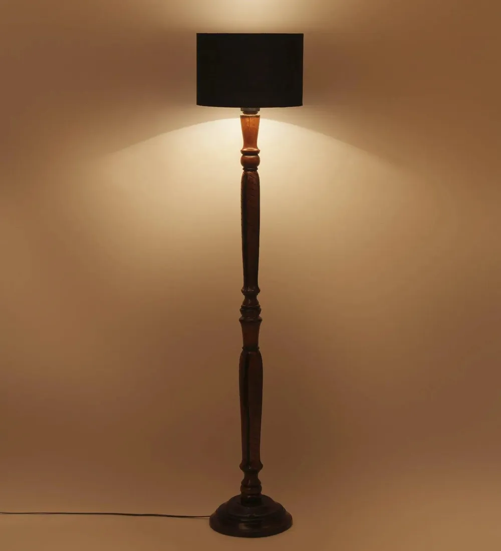 Baluster Designer Wooden Carving Floor Lamp With Drum Shade Red