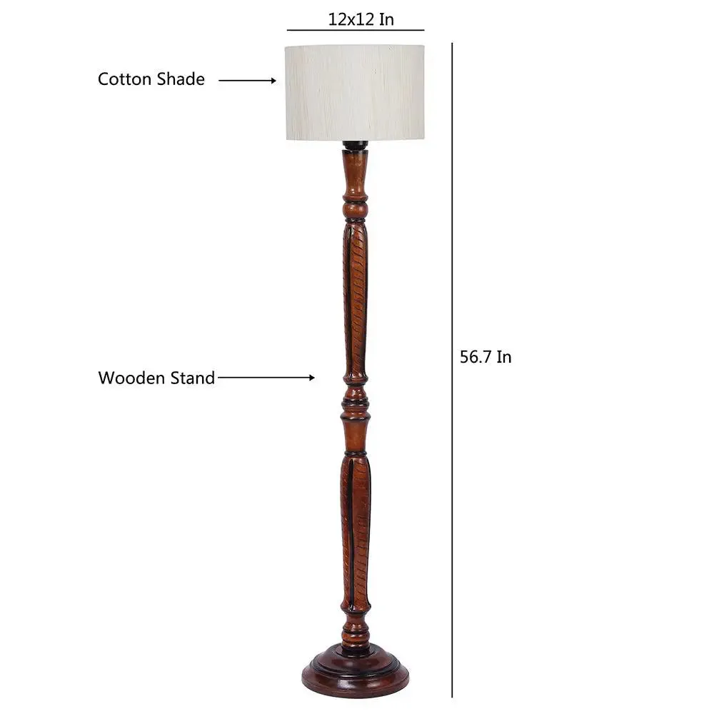 Baluster Designer Wooden Carving Floor Lamp With Drum Shade Red
