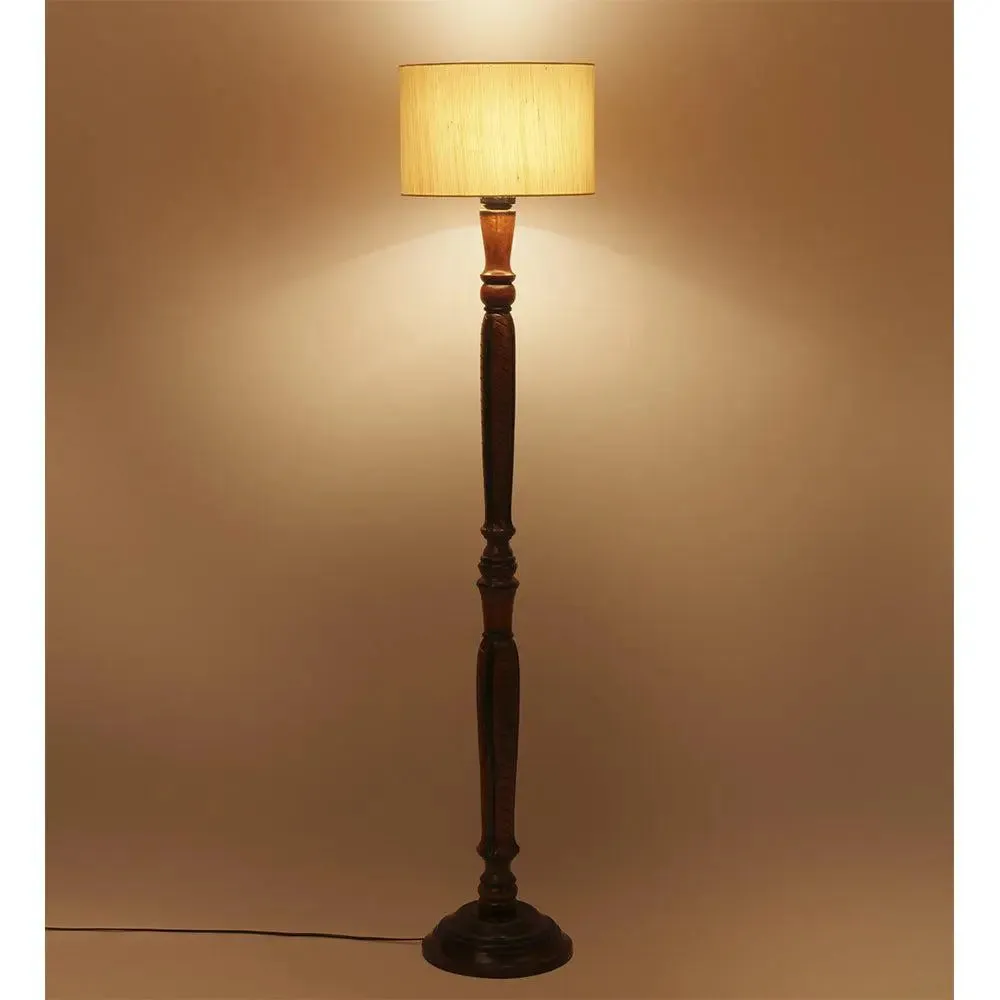 Baluster Designer Wooden Carving Floor Lamp With Drum Shade Red