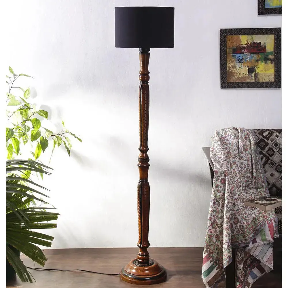 Baluster Designer Wooden Carving Floor Lamp With Drum Shade Red