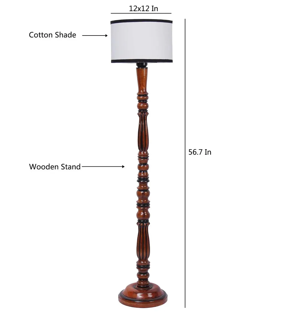 Baluster Designer Wooden Carving Floor Lamp With Drum Shade Red