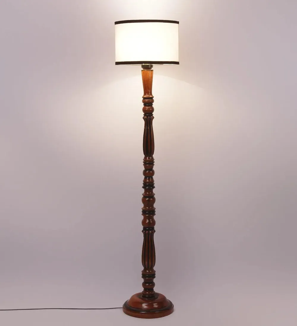 Baluster Designer Wooden Carving Floor Lamp With Drum Shade Red