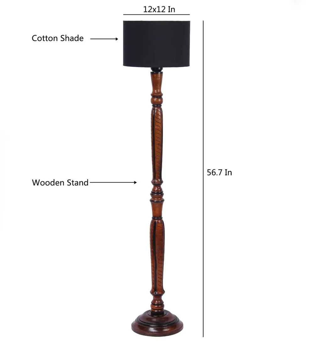 Baluster Designer Wooden Carving Floor Lamp With Drum Shade Red