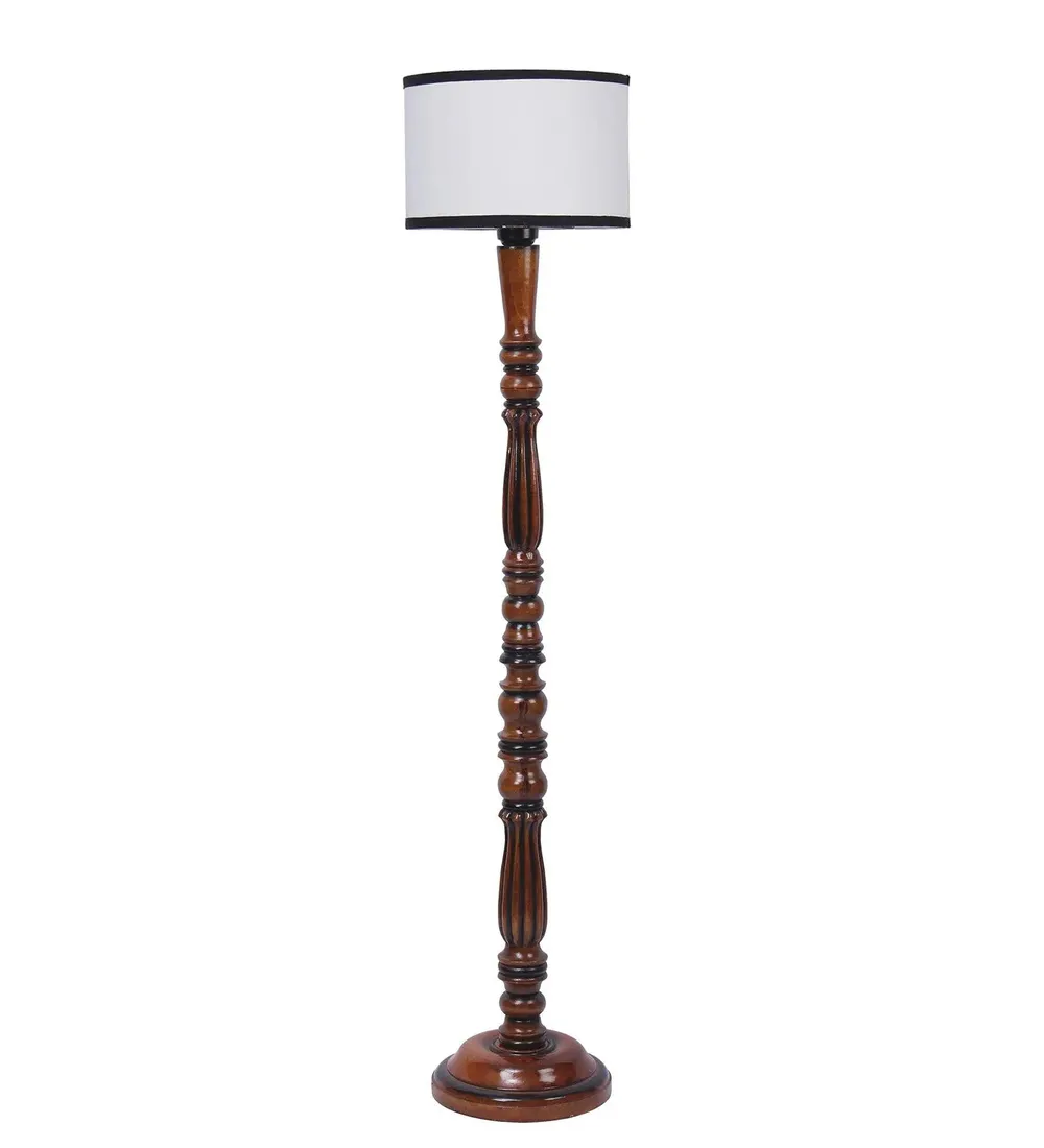 Baluster Designer Wooden Carving Floor Lamp With Drum Shade Red