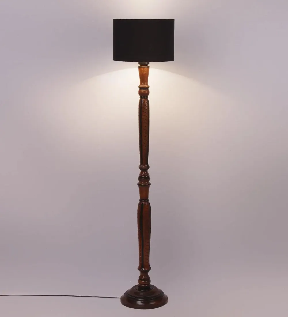 Baluster Designer Wooden Carving Floor Lamp With Drum Shade Red