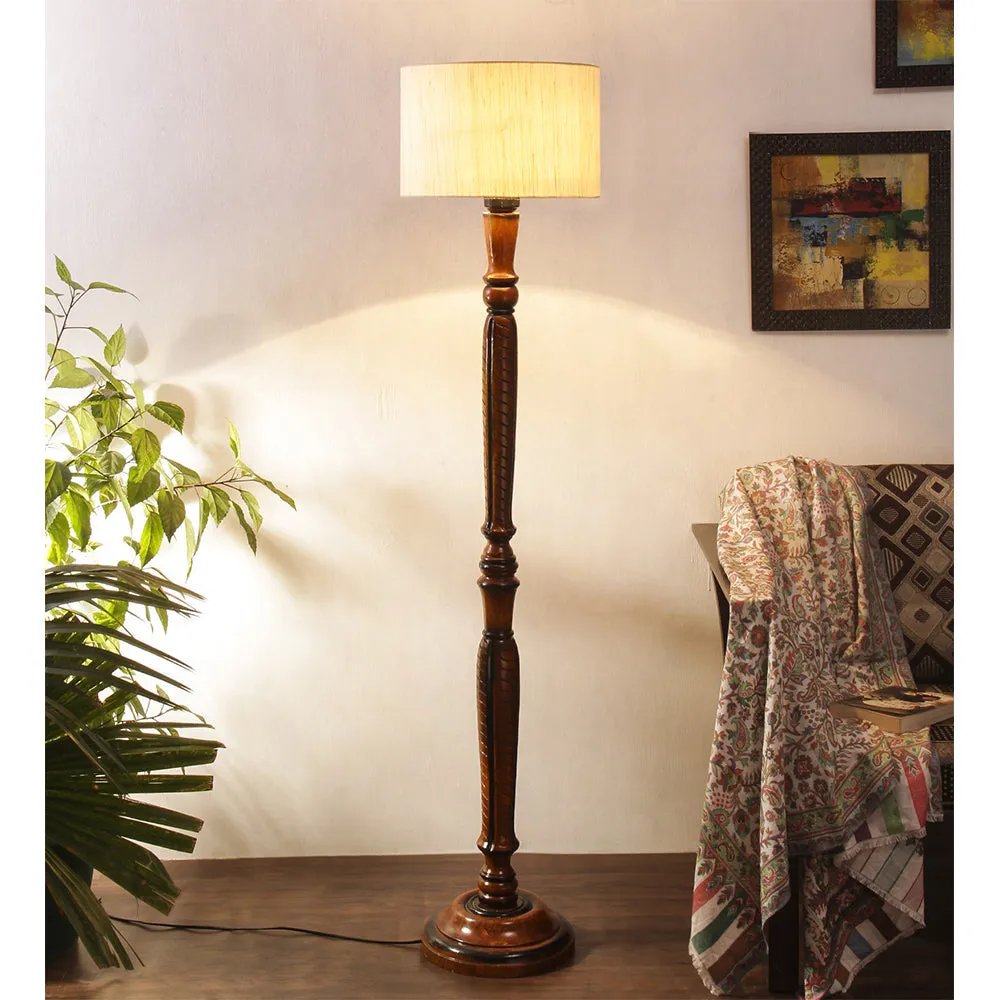 Baluster Designer Wooden Carving Floor Lamp With Drum Shade Red