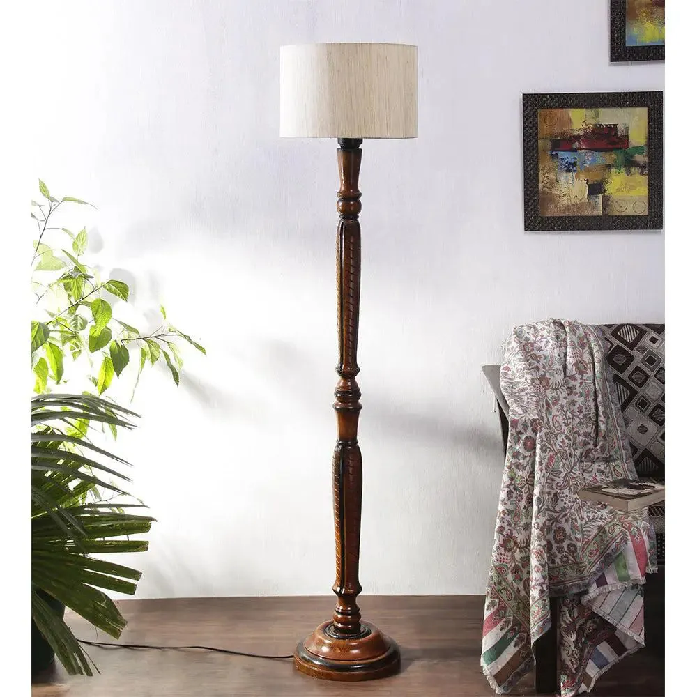Baluster Designer Wooden Carving Floor Lamp With Drum Shade Red