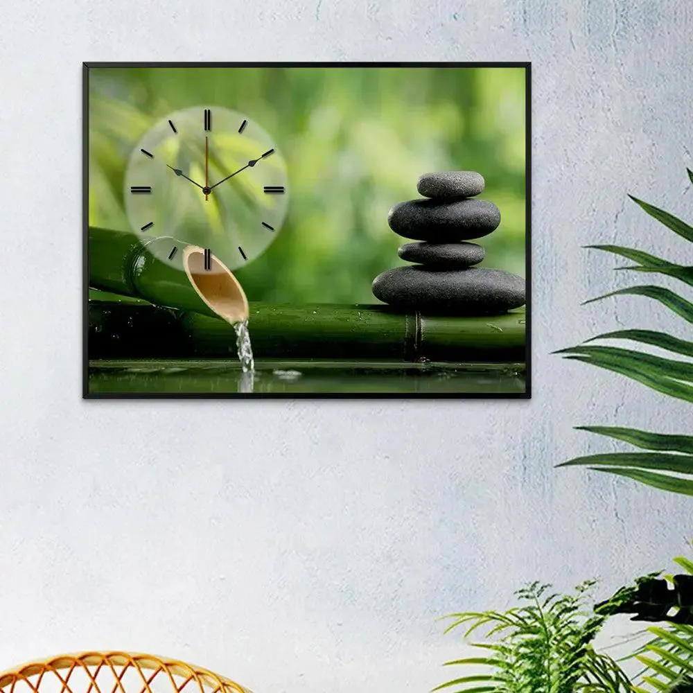 Bamboo With Stone Spa Canvas Printed Decorative Wall Clock With Floating Frame