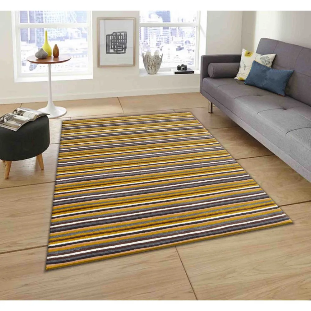 Basic Horizontally Striped Yellow & Gray Tufted Area Carpet 2X5ft