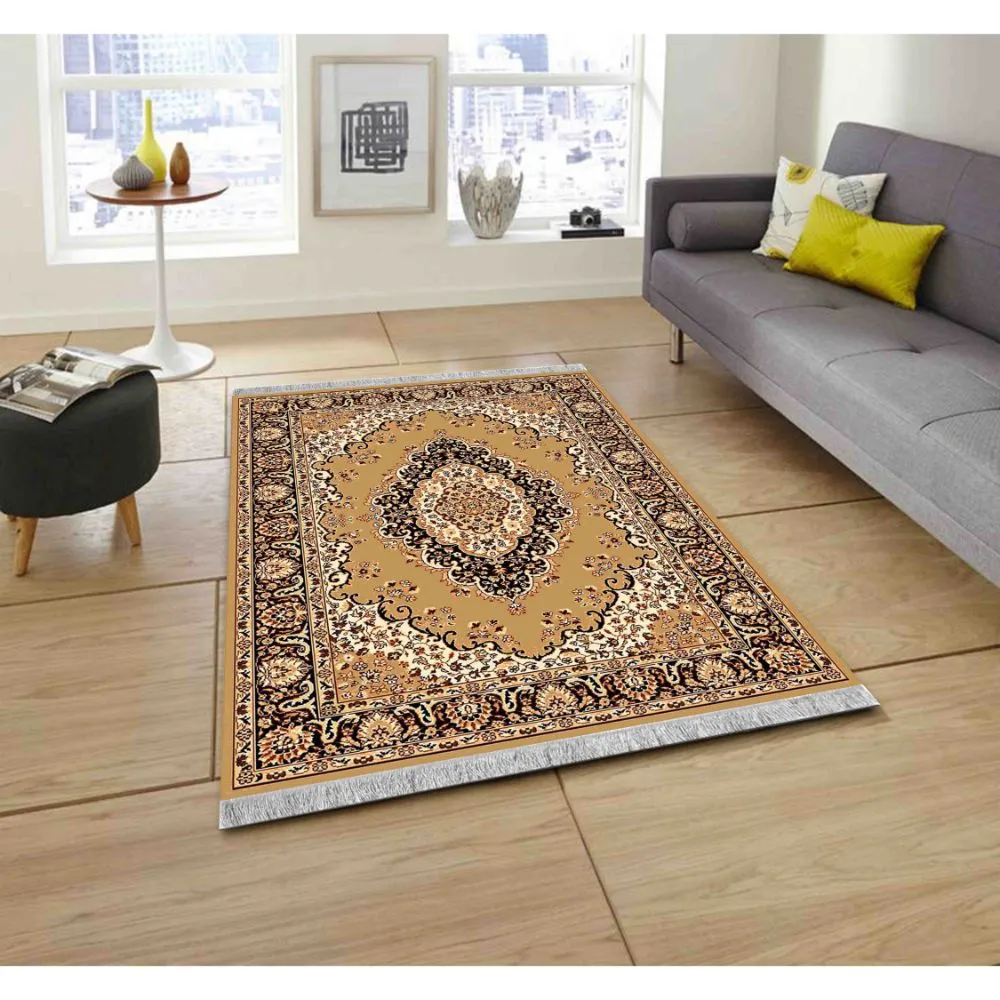 Basic Indian Traditional  Designer Golden Polyester Area Carpet 3X5ft