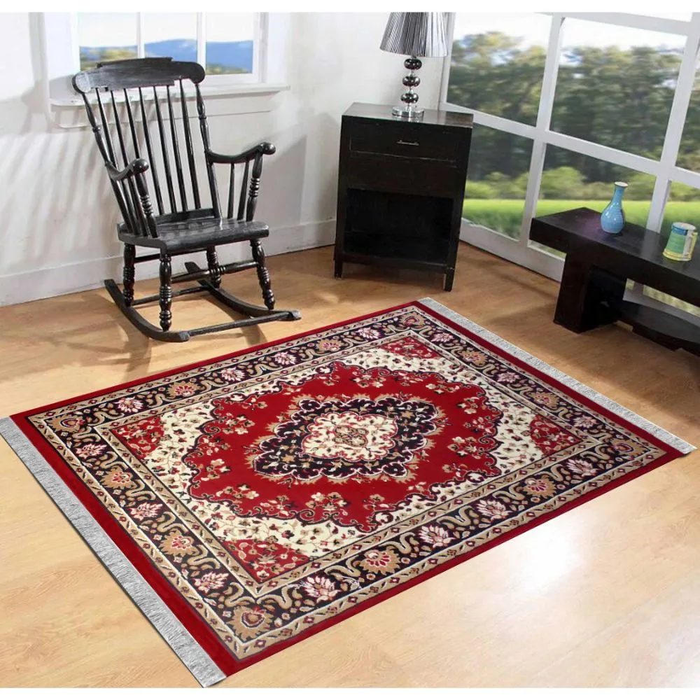 Basic Indian Traditional  Designer Red Polyester Area Carpet 3X5ft