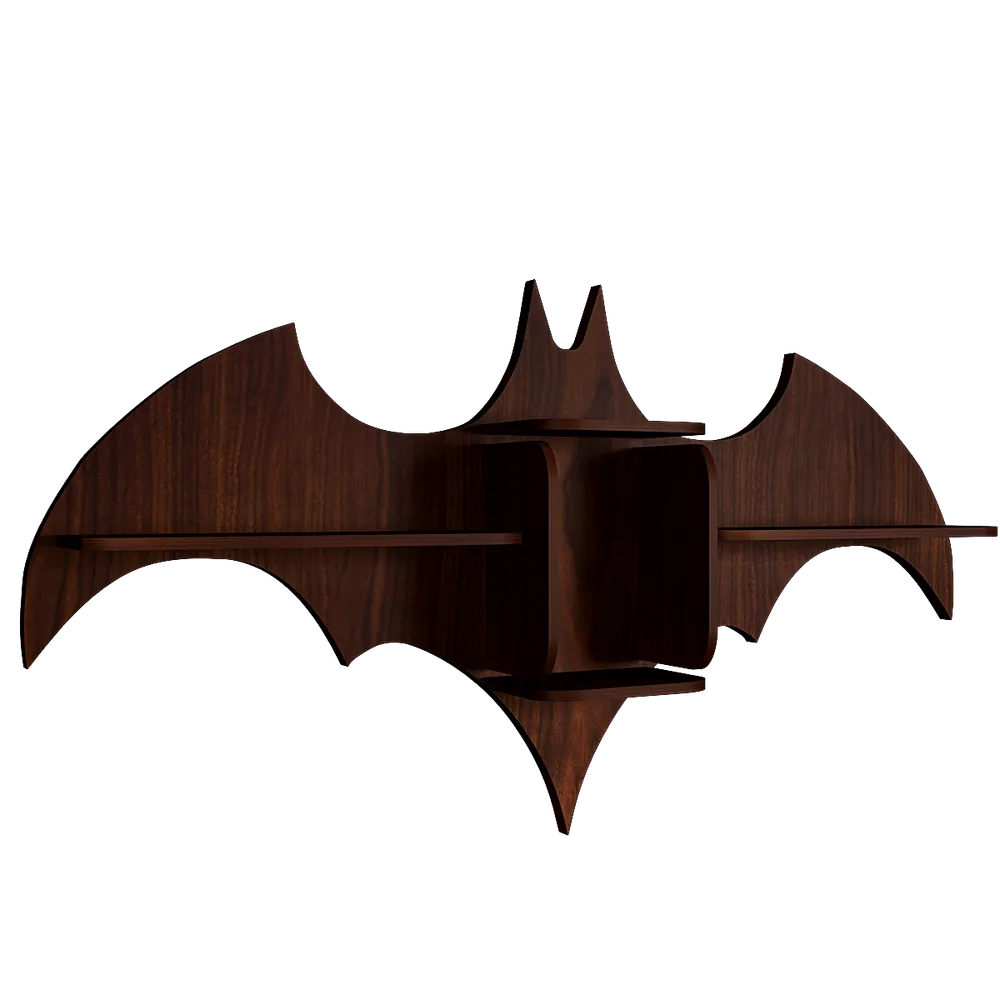 Bat Shape Backlit Wood Wall Shelf / Book Shelf / Night Light, Walnut Finish