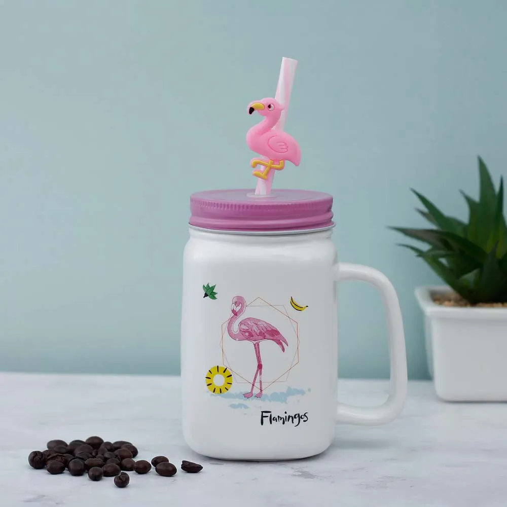 Beach Flamingo Printed White Ceramic Mason Jar
