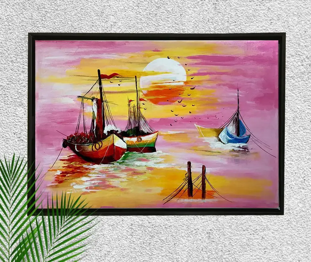 Beach Sunset Painting / Handmade Painting on Canvas / Ship Painting / Beach Painting Framed, 60 cm (H) X 40 cm (L), Default color