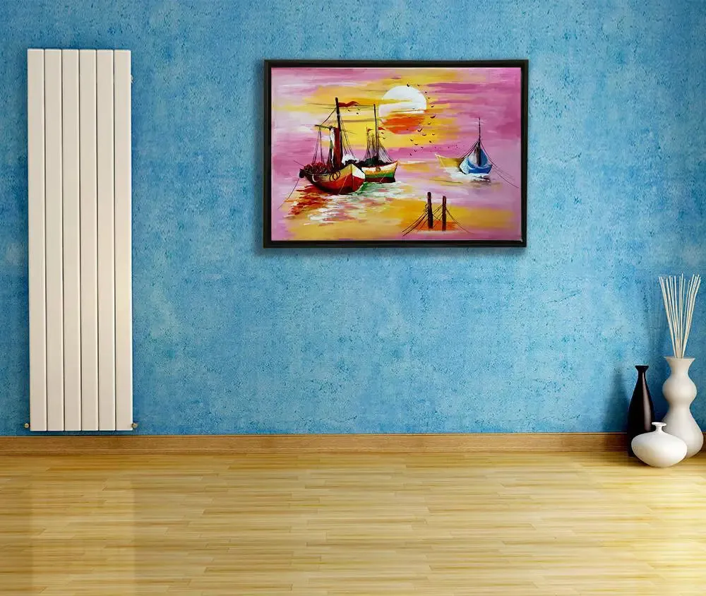 Beach Sunset Painting / Handmade Painting on Canvas / Ship Painting / Beach Painting Framed, 60 cm (H) X 40 cm (L), Default color