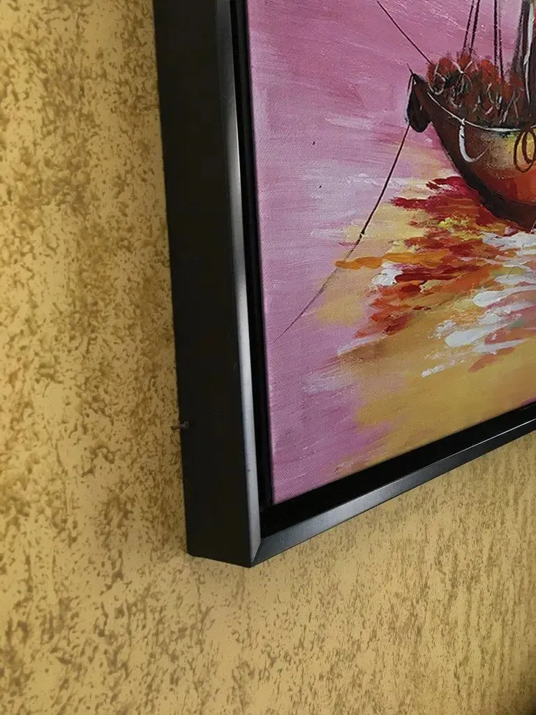 Beach Sunset Painting / Handmade Painting on Canvas / Ship Painting / Beach Painting Framed, 60 cm (H) X 40 cm (L), Default color