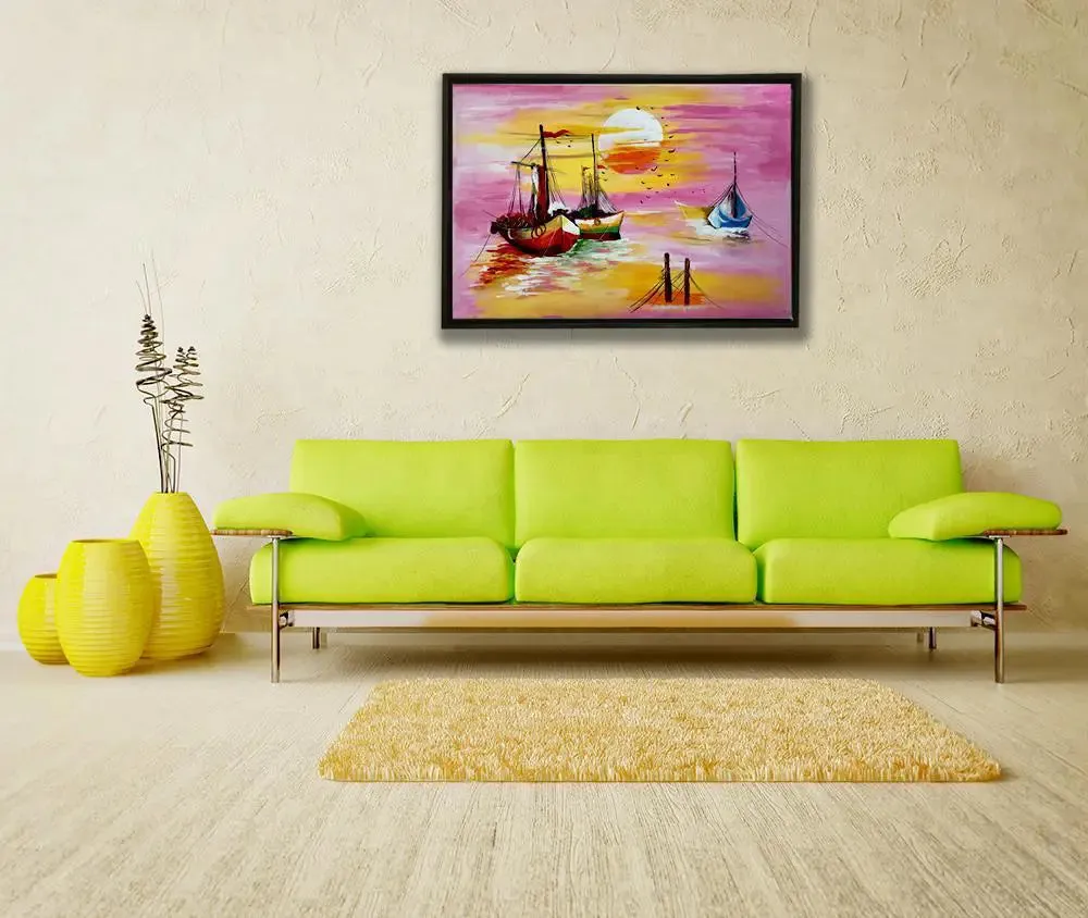 Beach Sunset Painting / Handmade Painting on Canvas / Ship Painting / Beach Painting Framed, 60 cm (H) X 40 cm (L), Default color