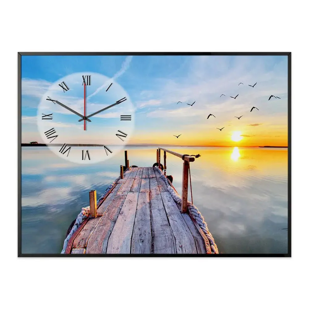Beach Sunset Scenery Canvas Printed Decorative Wall Clock With Floating Frame
