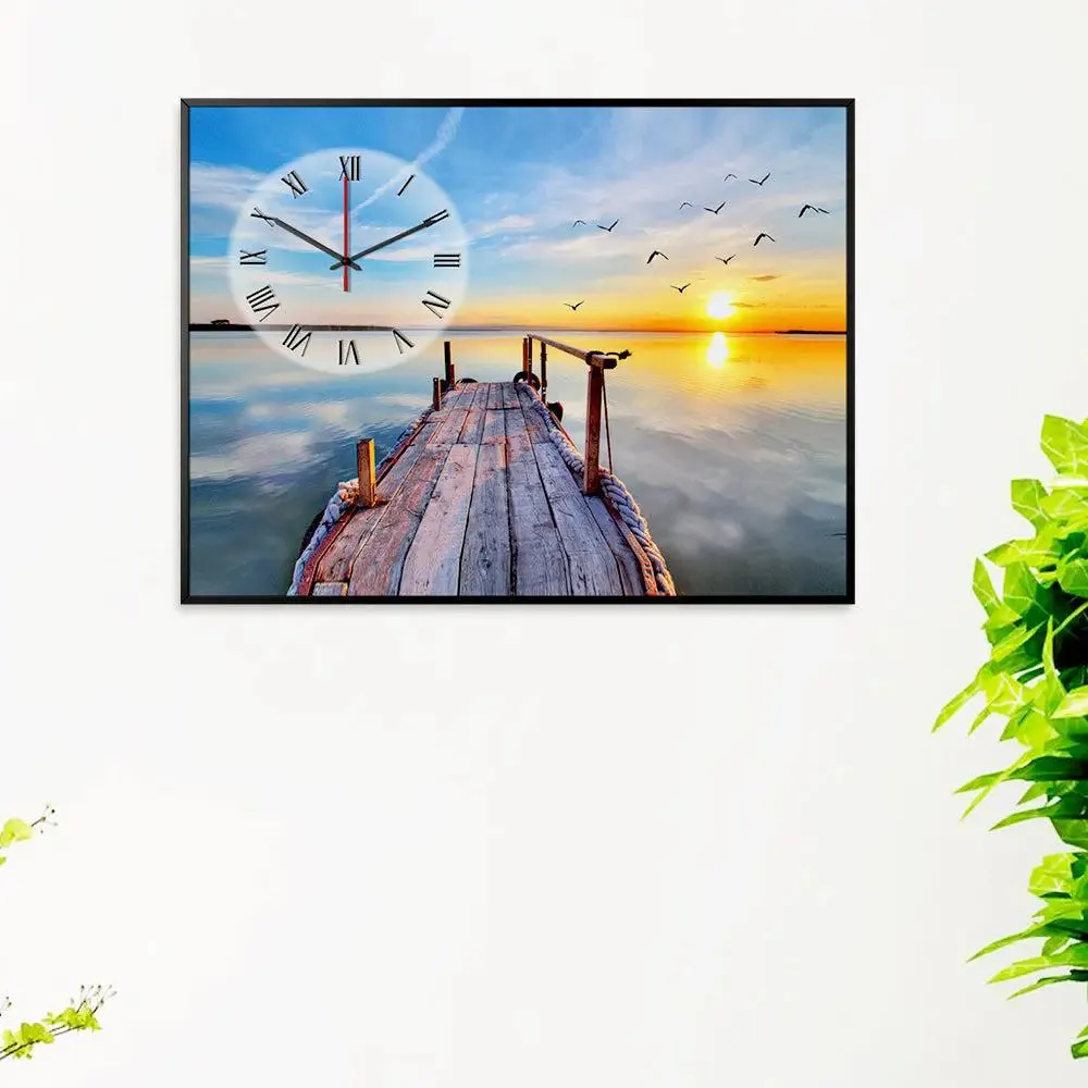 Beach Sunset Scenery Canvas Printed Decorative Wall Clock With Floating Frame