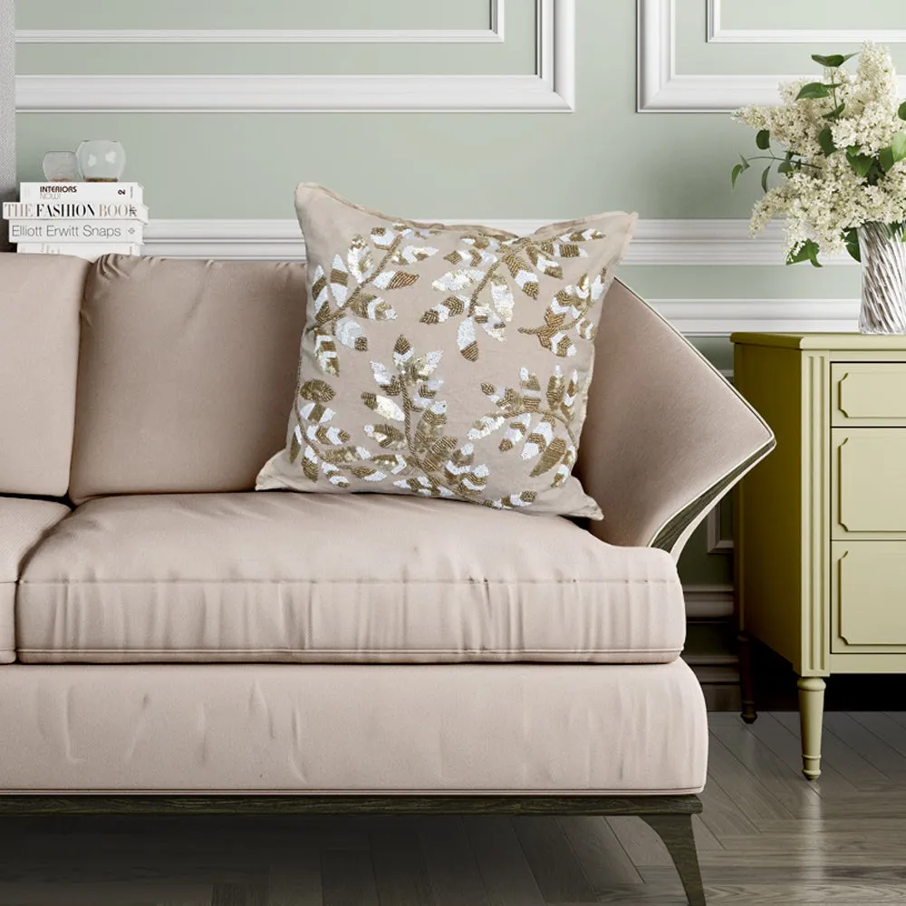 Beaded Beige Cotton Decorative Cushion Cover