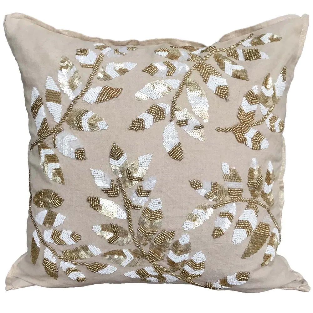 Beaded Beige Cotton Decorative Cushion Cover
