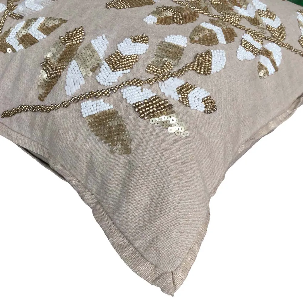Beaded Beige Cotton Decorative Cushion Cover